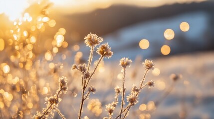 A sharp detail shot of frost crystals on a windowpane, with a blurred snowy landscape in the background