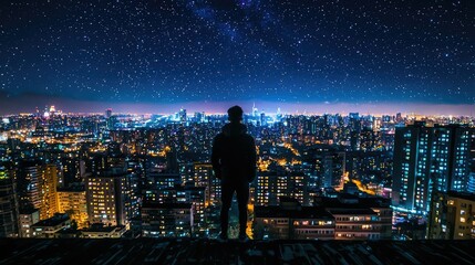 A Solitary Figure Gazing at a Dazzling City Skyline Under a Starry Night Sky, Illuminated Buildings and Stunning Urban Landscape in the Background