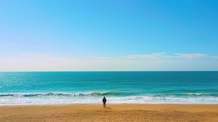 Obraz premium Serene Reflection of Solitude on a Beach with Clear Blue Sky and Tranquil Ocean Waves Inviting Peace and Contemplation for Nature Lovers