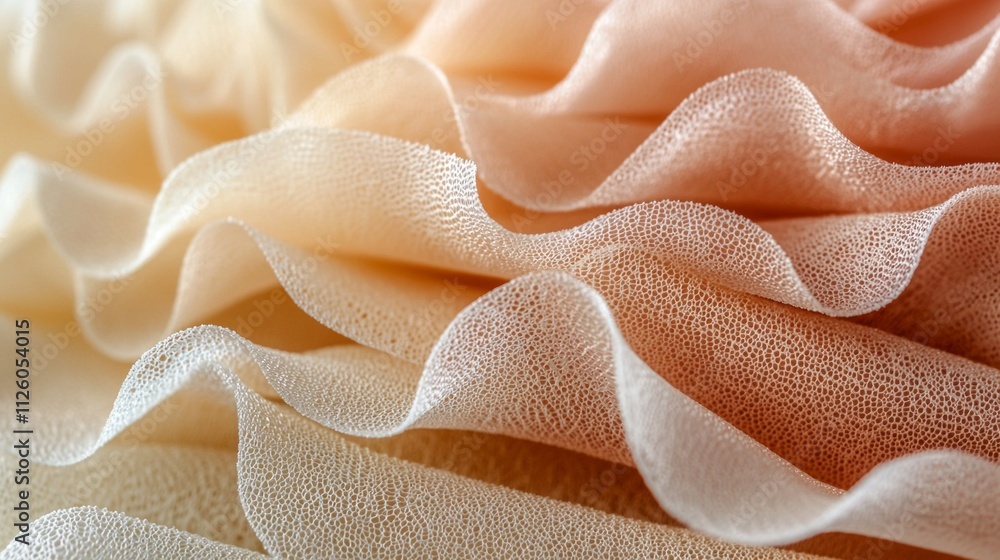 Poster This delicate close-up captures the gentle curves and soft texture of fabric, showcasing its warm colors and intricate patterns. The ruffled layers invite a sense of grace and comfort