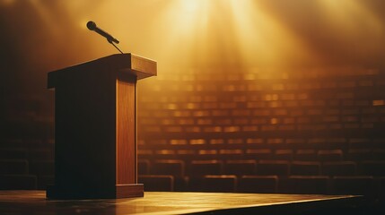 Empty Podium with Microphone Under Dramatic Lighting in an Empty Auditorium, Ideal for Presentations, Public Speaking Events, and Inspirational Moments