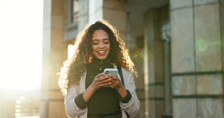 Mobile, realtor and happy businesswoman outdoor for message, check schedule and reading email for...