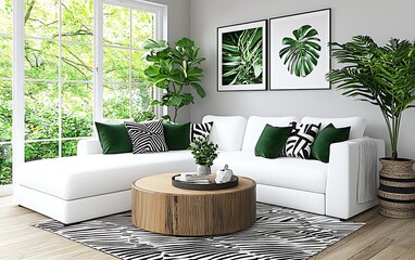 Bright living room with white sectional sofa, wooden coffee table, and green accents.