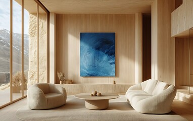 Minimalist living room with mountain view, wood paneling, and abstract art.