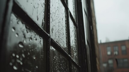 Raindrops on Window Pane Creating a Moody Atmosphere with Urban Background and Soft Focus Offering a Captivating Scene of a Gloomy Day