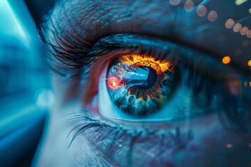 The eye, with intricate patterns and colors, showcases a lively cityscape reflecting in the iris, embodying focus and the beauty of urban life at dusk.