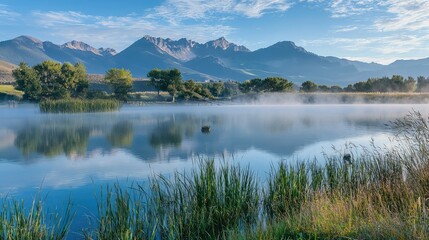 Fototapeta premium Tranquil Morning Mist over Serene Lake with Majestic Mountains in the Background and Lush Greenery Reflecting in the Calm Waters