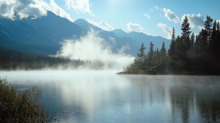 Fototapeta premium Serene Mountain Lake at Dawn with Mist Rising from Water Under Blue Sky and Soft Clouds, Reflecting Nature's Tranquility and Beauty in Early Morning Light