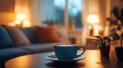Selective focus on a steaming cup of coffee, with a cozy living room setting softly blurred in the background