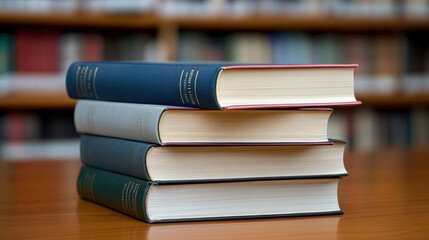 Selective focus on a single book in a stack, with the rest of the bookshelves subtly blurred for depth