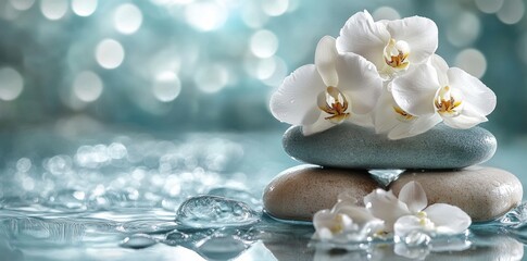 Beautiful white orchid flower with water drops on glass background.