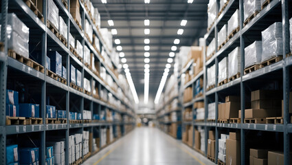 Fototapeta premium iLogistic warehouse store room, items arranged in shelves.