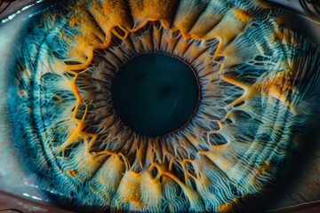 This captivating image reveals the detailed textures and colors of a human iris, highlighting its unique features and striking blue hues in bright light.