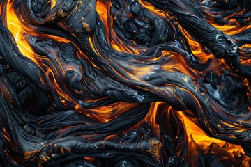 Obraz premium Lava moves gracefully, forming unique swirls and textures as it cools, capturing the intense colors of heat against dark rock in a volcanic region.