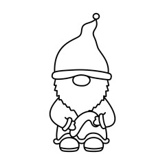 winter christmas Gnome with candy cane doodle outline