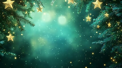 A Merry Christmas and Happy New Year background with green gradients, glowing stars, and a blank space for advertisements