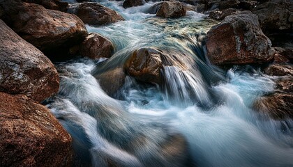 A close-up of a stream of water running over rocks, capturing the vivid details of the flowing water and its natural beauty.