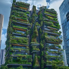 Obraz premium Lush green vertical garden on a modern highrise building.