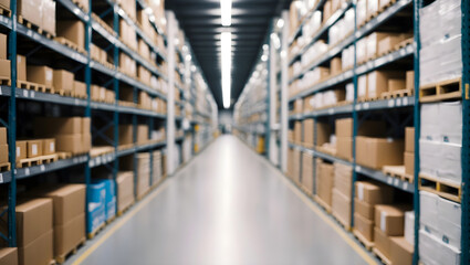 Obraz premium warehouse facility with long aisles lined with shelves stocked with various items