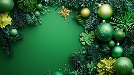 A cheerful holiday design in vibrant green hues featuring festive decorations and a blank space for ads or announcements