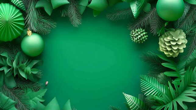 A cheerful holiday design in vibrant green hues featuring festive decorations and a blank space for ads or announcements