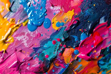 Swirls of bright blues, pinks, yellows, and greens blend artistically on canvas, showcasing a vibrant abstract style that exudes energy and creativity.