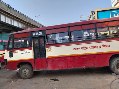 June 16 2023 Varanasi India. Uttar Pradesh Transport bus passing near Bus shade on India widest Varanasi-Ghzaipur Expressway.