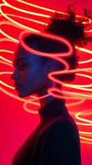 Woman's profile portrait with neon light trails.