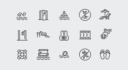 15 swimming pool icons. Includes simple representations of a swimmer, no diving symbol, swim cap, goggles, lifeguard whistle, life jacket, sunbed with umbrella. Vector illustration