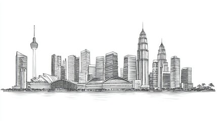 Fototapeta premium Hand-Drawn Illustration of a Modern City Skyline Featuring Iconic Buildings, Skyscrapers, and Detailed Architecture in a Monochrome Style, Perfect for Artistic Projects