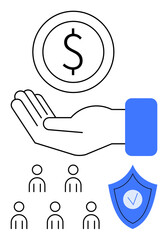 Hand holding dollar coin group of people icons, security shield. Ideal for finance, security, investment, business, protection, savings, management. Line metaphor