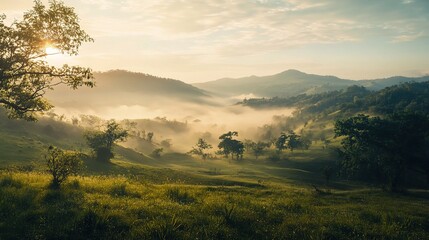 Fototapeta premium Serene Mountain Landscape with Mist in the Morning Light