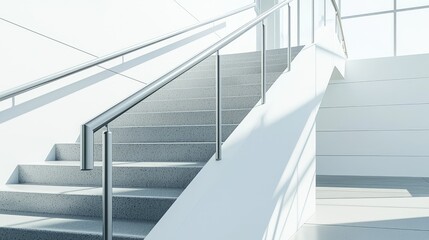 Fototapeta premium Modern Architectural Staircase with Grey Steps and Sleek Metal Handrail, Capturing Natural Light in an Open Space Environment