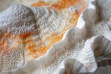 A close-up view reveals the mesmerizing textures and warm orange hues of a white clam shell, highlighting the natural beauty found along the shore during daylight.