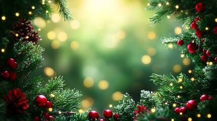 A festive holiday design in green shades with glowing bokeh effects and a central blank area for ads