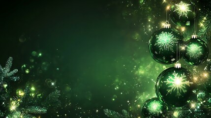 A festive holiday design in vibrant green tones with glowing ornaments and an empty center for advertisements or greetings