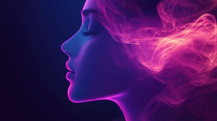 abstract digital face, science, technology, AI, artificial intelligence, neural networks, D concept, glowing, modern design, profile silhouette, colorful background, purple, HD image,