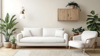 Fototapeta premium Minimalist living room interior with white sofa, armchair, plants, and wooden cabinet. (1)