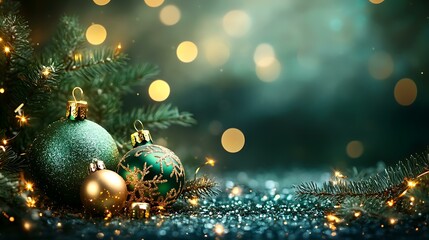 A glowing Christmas background in green hues with golden bokeh effects and a blank area for promotional content