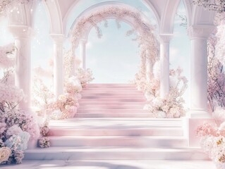 White marble facade with pastel pink stairs Surrounded by white pillars