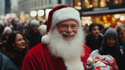 Happy Santa Claus in the middle of a busy New York street