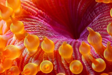 Fototapeta premium This vivid close-up captures the intricate structure of coral polyps, revealing their vibrant colors and unique shapes in a thriving marine habitat.