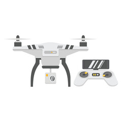 Modern UAV drone quadcopter with camera isolated on white background.
