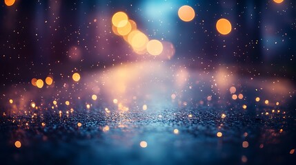 A glowing glitter lights composition with soft golden sparkles and elegant bokeh effects on a dark, smooth backdrop