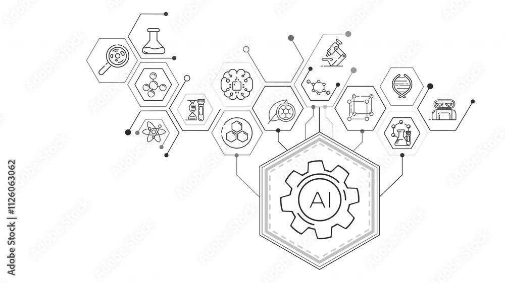 Poster monochrome animated infographic diagram about the use of ai in science.