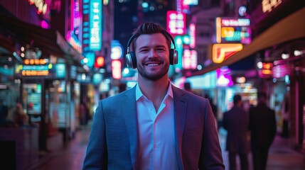 Fototapeta premium Smiling Caucasian Businessman Strolling Through Neon-Lit City Street While Listening to Music or Podcasts
