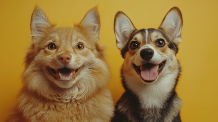 Obraz premium Two adorable pets, a fluffy cat and a cheerful dog, are grinning widely against a vibrant yellow background, radiating happiness and friendship in their playful pose together