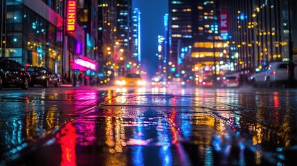 Fototapeta premium Night View of Glowing City Street with Neon Lights and Wet Pavement