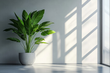 Bright indoor space with a large green plant and sunlight streaming through windows