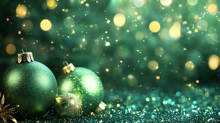 A glowing green Christmas background with shimmering decorations and a blank space for promotional text
